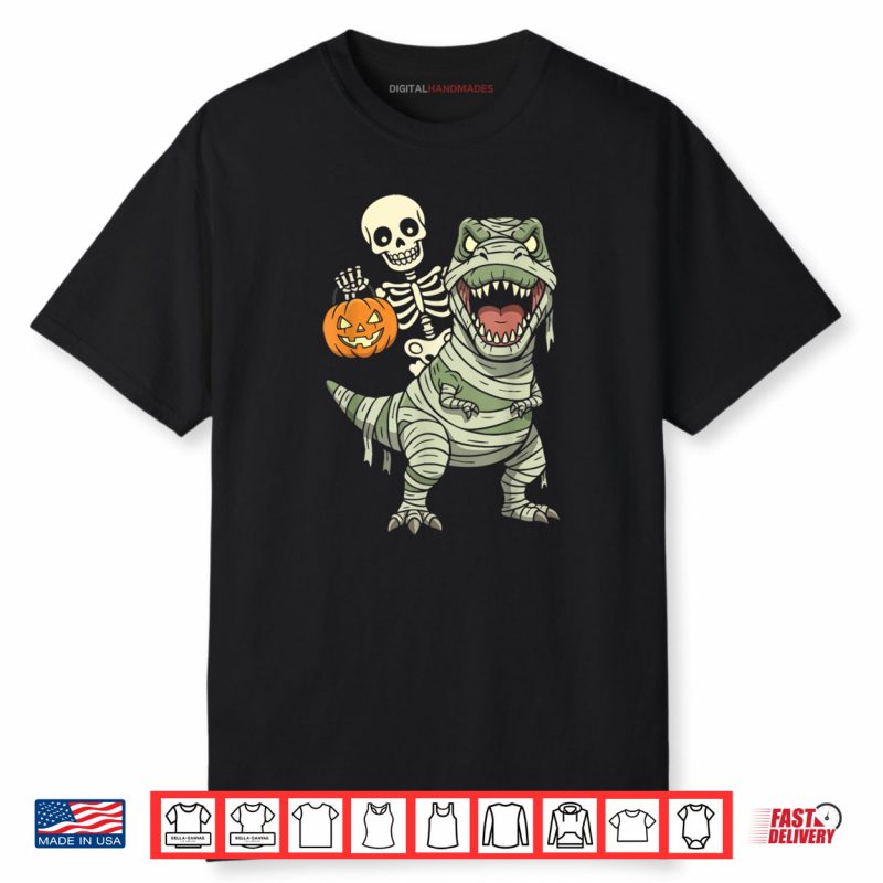 Skeleton Riding Mummy Dinosaur T rex Halloween Funny Pumpkin Shirt
