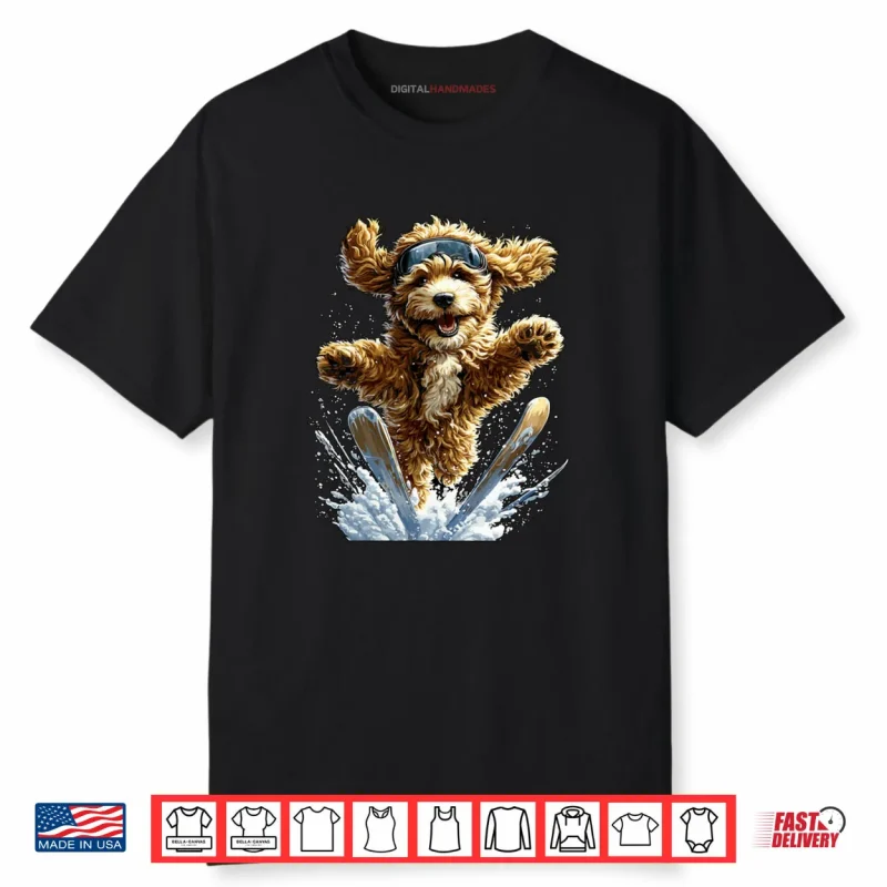 Skiing Goldendoodle in Snow and Snowflakes Snowy Winter Dog Shirt