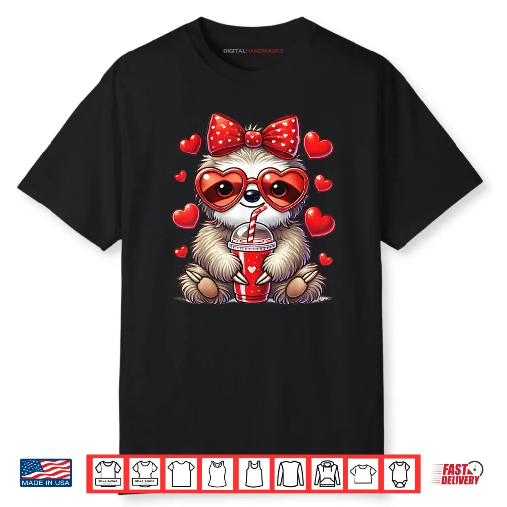 Sloth holding heart drinking Coffee sloth valentines Day Bow Shirt 1 Sloth holding heart drinking Coffee sloth valentines Day Bow Shirt