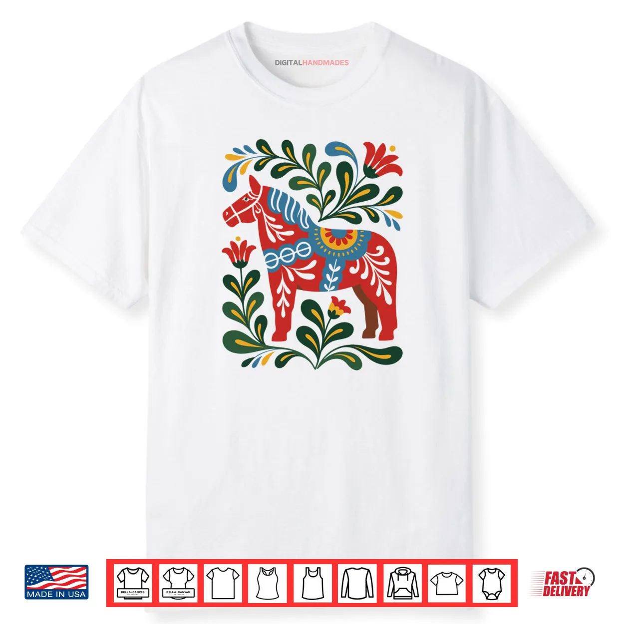 Swedish Dala Horse Folk Art Sweden Flag Dalahelmsoljd Shirt