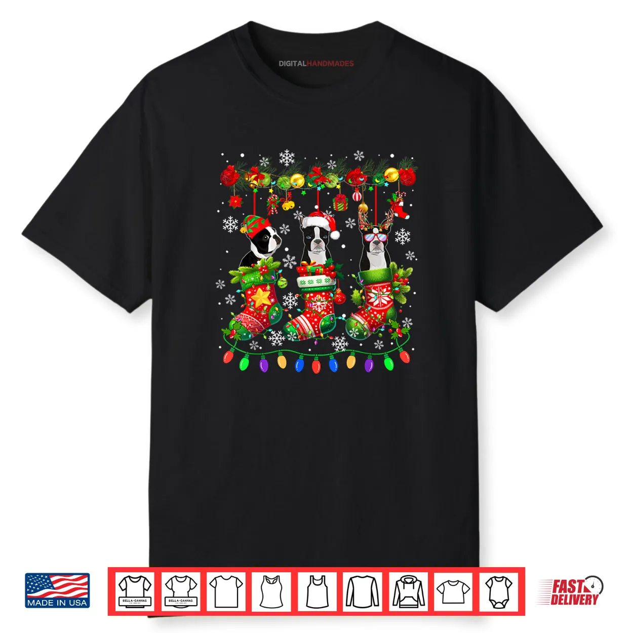 Three Santa Elf Boston Terriers in Colorful Christmas Socks Shirt