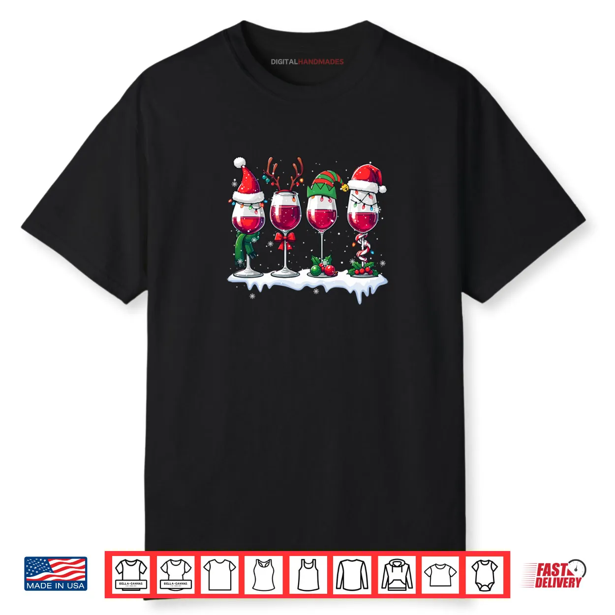 Three Santa Elf Reindeer Wine Glasses Christmas Drinker Shirt
