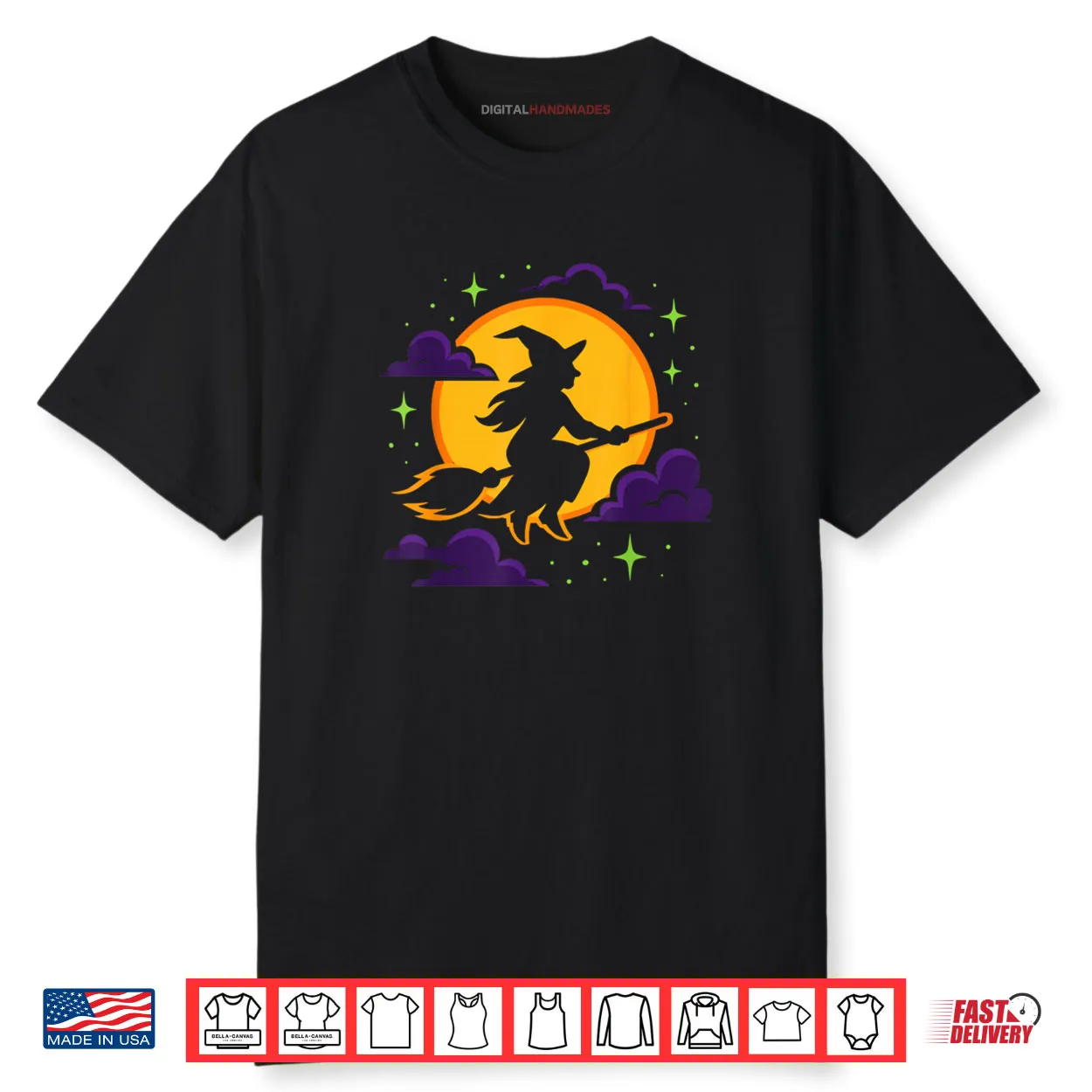 Witch Riding Broom Costume Party Celebration Funny Halloween Shirt