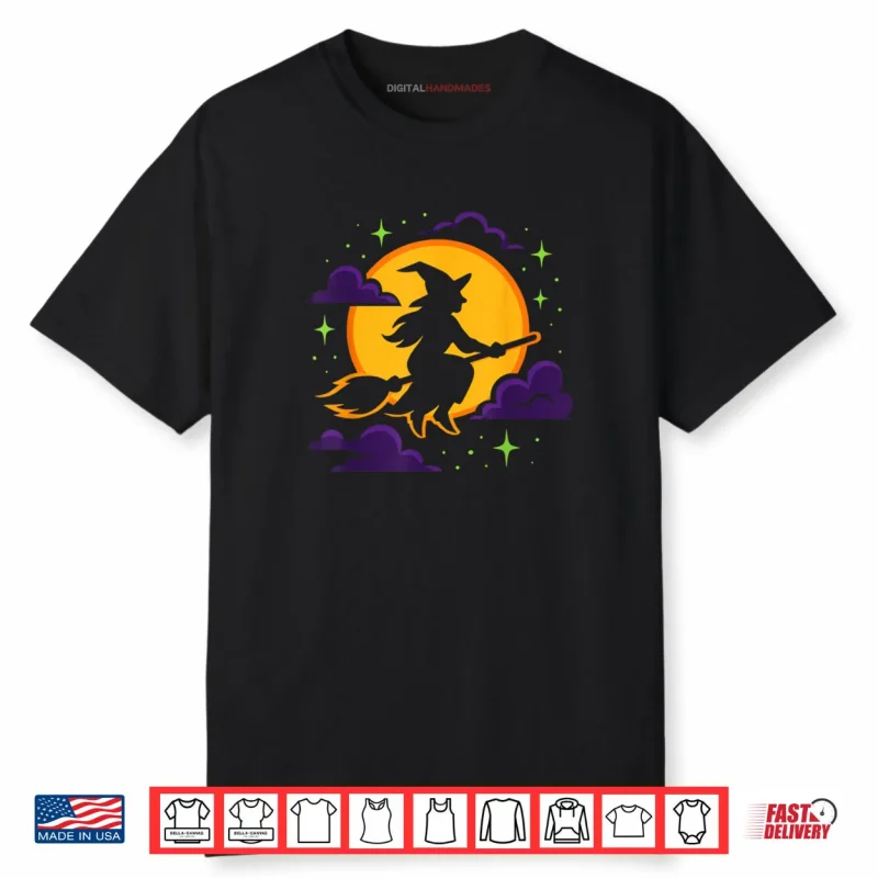 Witch Riding Broom Costume Party Celebration Funny Halloween Shirt