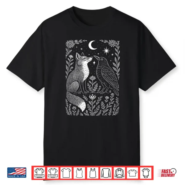 Celestial Floral Fox & Crow Moon Astrology Wildlife Nature Shirt