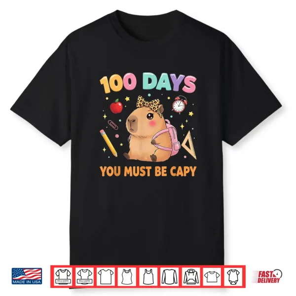 Cute 100 Days Of School Capybara With Leopard Bow Teacher Shirt