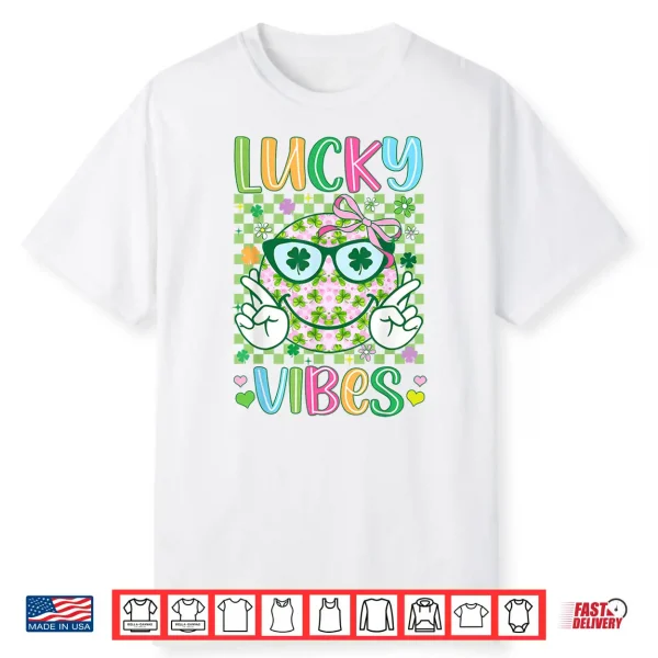 St Patricks Day Lucky Vibes Shamrock Women Girls Kids Irish Shirt