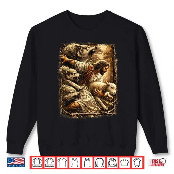 Sweatshirt Jesus Protecting Lamb Sheep From Wolves Shirt