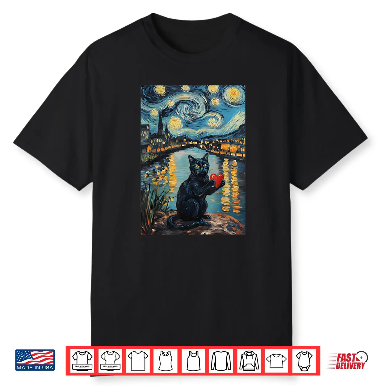 Black Cat Starry Night Van Gogh Valentine’s Day Cat Lover Shirt