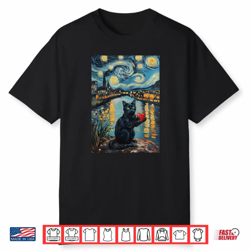 Black Cat Starry Night Van Gogh Valentine’s Day Cat Lover Shirt