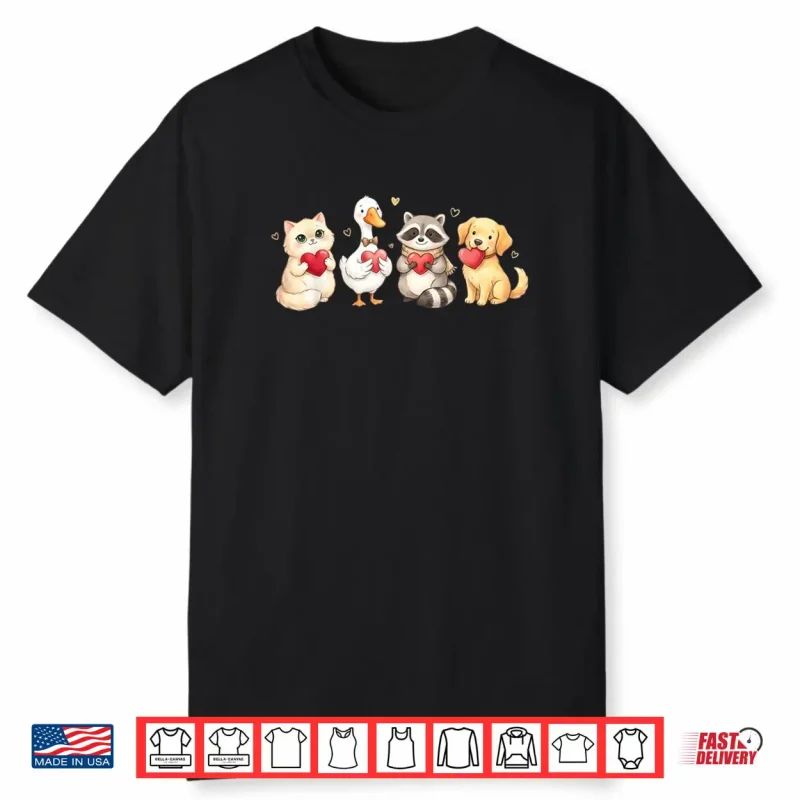 Cute Cat Dog Raccoon Goose Holding Hearts Valentine Lovers Shirt