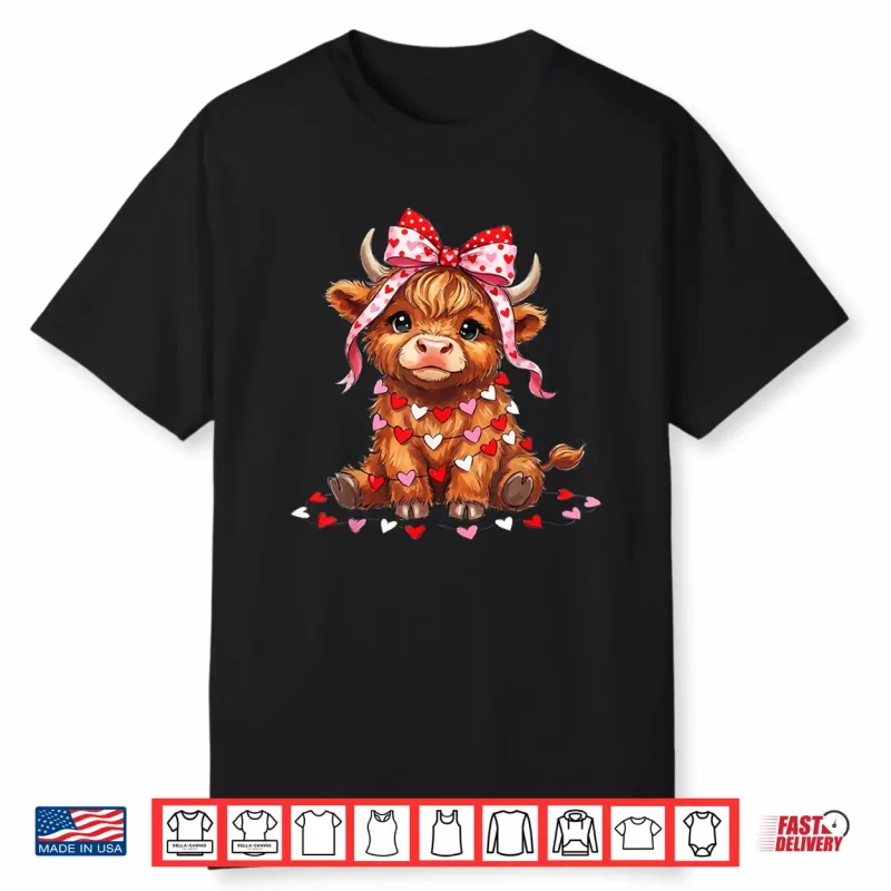 Cute Highland Cow Pink Bow Coquette Red Heart Valentine Shirt