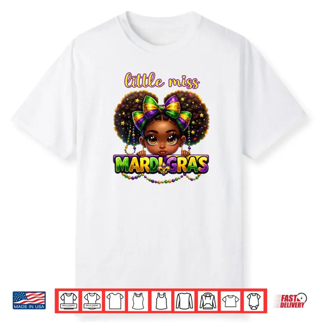 Little Miss Mardi Gras Messy Bun Girls Shirt 1 Little Miss Mardi Gras Messy Bun Girls Shirt