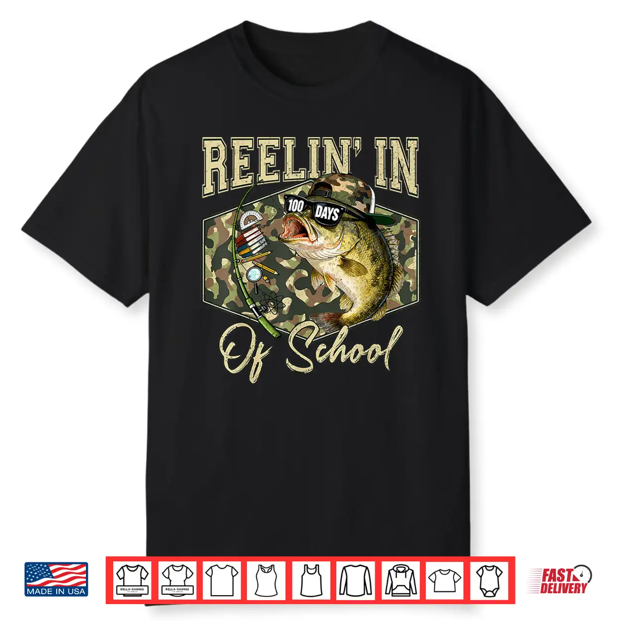 Reelin’ In 100 Days Of School Bass Fishing Lover Boy Teen Shirt