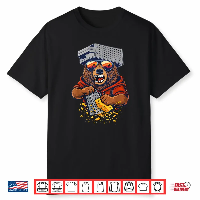 Retro Bear with Cheese Grater Hat and Sunglasses Sunse Funny Shirt