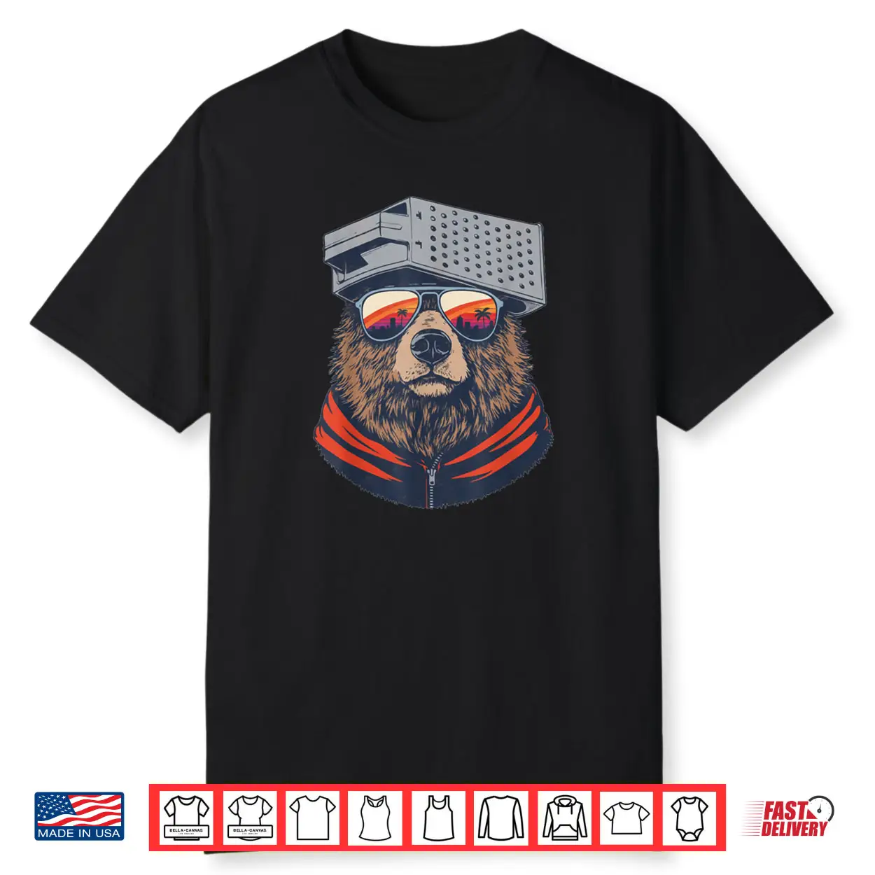 Retro Bear with Cheese Grater Hat and Sunglasses Sunset Art Shirt