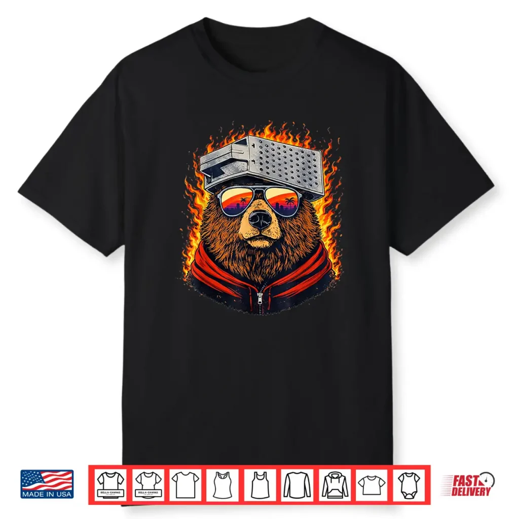 Retro Bear with Sunglasses and Cheese Grater Hat Sunset Art Shirt