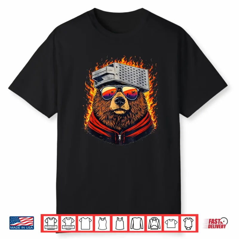 Retro Bear with Sunglasses and Cheese Grater Hat Sunset Art Shirt