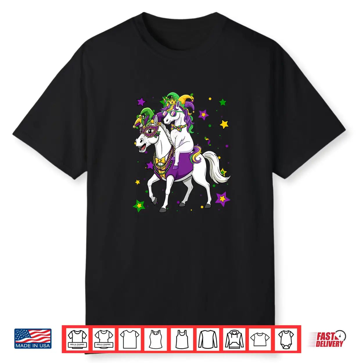 Unicorn Riding Horse Mardi Gras Beads Masked Jester Hat Shirt