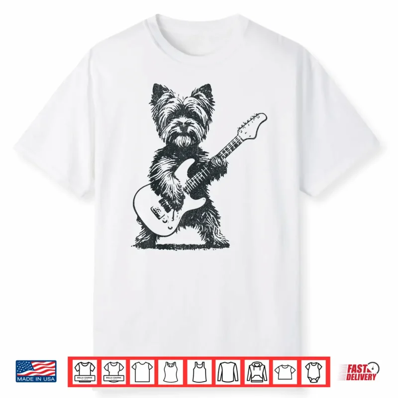 Vintage Yorkie Rock Dog Playing Guitar Funny Music Art Shirt