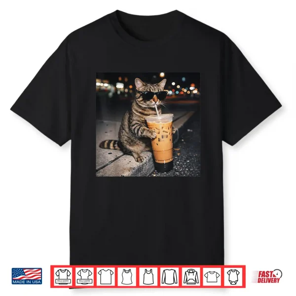 Cat Drinking Iced Coffee Funny Animal Meme Men Women Shirt