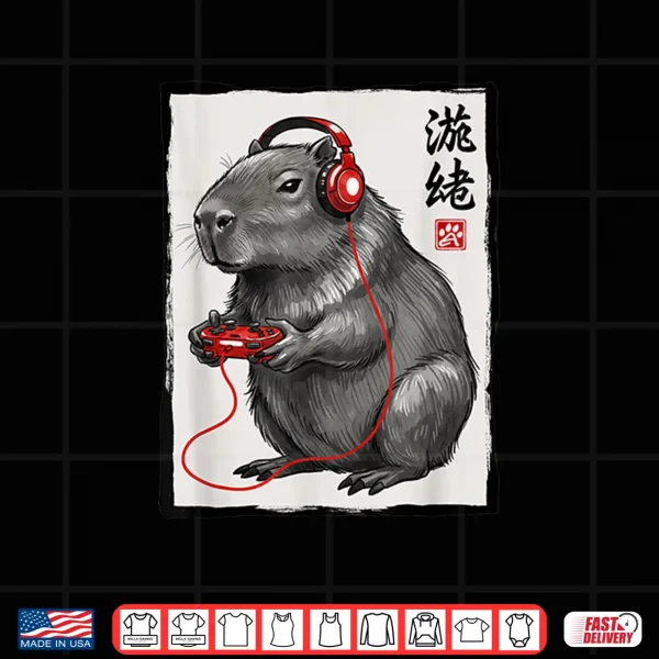 Design Capybara Gamer With Headphones Japanese Kanji Kids Gaming Shirt