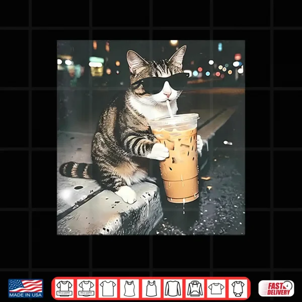 Design Funny Cat Drinking Iced Coffee Funny Cat Lover Animal Meme Shirt