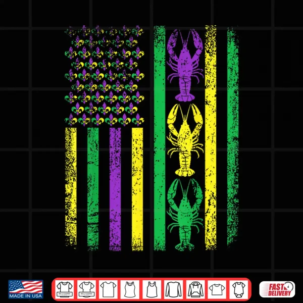 Design Retro Mardi Gras Usa American Flag Crawfish Parade Men Women Shirt