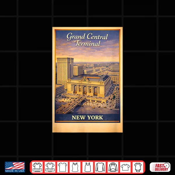 Design Retro New York City Grand Central Terminal Aerial Travel Art Shirt