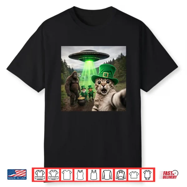 Festive Cat Selfie With Leprechaun Mythical Forest Shirt