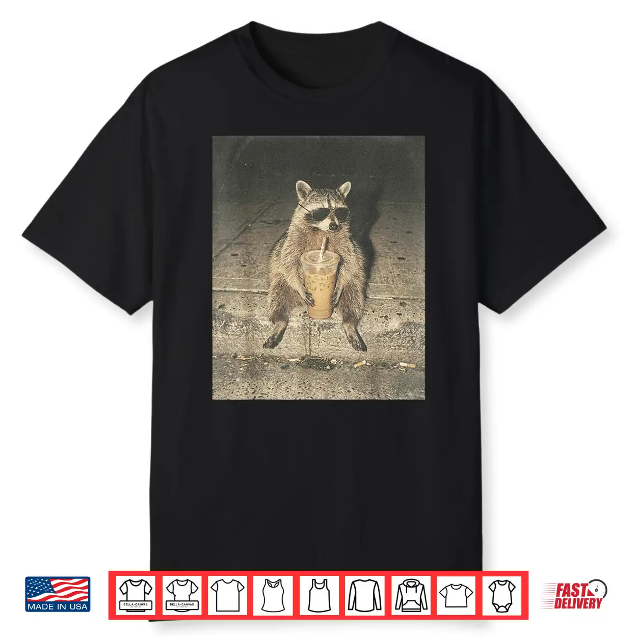 Funny Raccoon Drinking Iced Coffee Unhinged Meme Graphic Shirt Funny Raccoon Drinking Iced Coffee Unhinged Meme Graphic Shirt