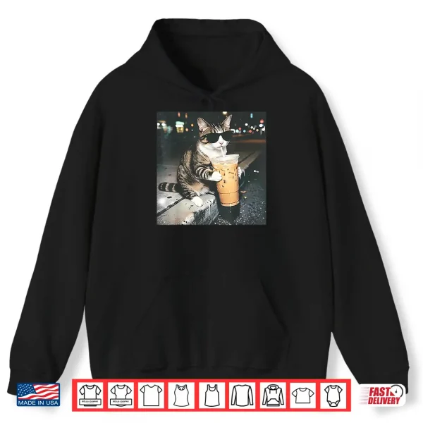Hoodie Funny Cat Drinking Iced Coffee Funny Cat Lover Animal Meme Shirt