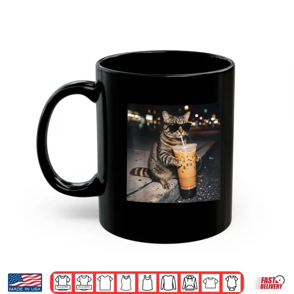 Mug Cat Drinking Iced Coffee Funny Animal Meme Men Women Shirt