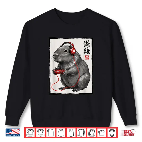 Sweatshirt Capybara Gamer With Headphones Japanese Kanji Kids Gaming Shirt