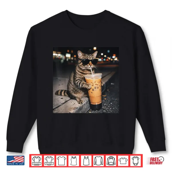Sweatshirt Cat Drinking Iced Coffee Funny Animal Meme Men Women Shirt