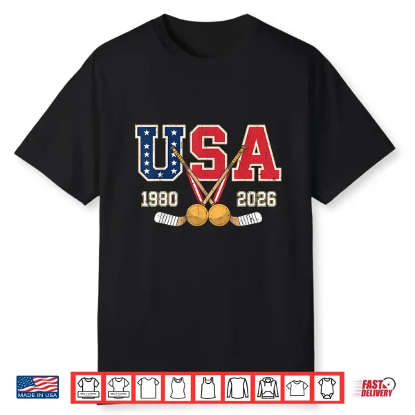 1980 And 2026 Hockey Vintage Usa Crossed Sticks Patriotic Shirt