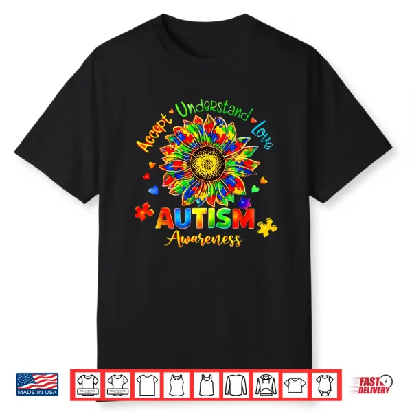Accept Understand Love Autism Awareness Sunflower Puzzle Graphic Shirt