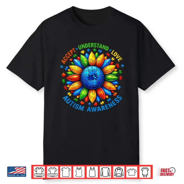 Accept Understand Sunflower Autism Awareness Modern Graphic Apparel Shirt
