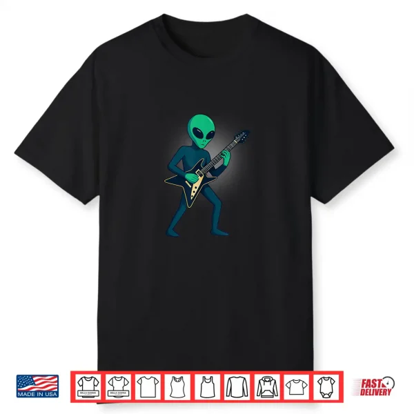 Alien Playing Electric Guitar Funny Music Graphic Shirt