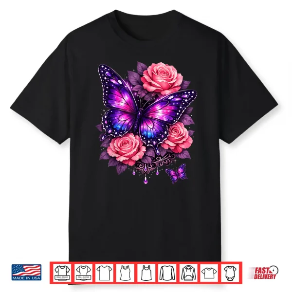Beautiful Butterfly Purple Rose Butterfly Lovers Gifts Women Shirt