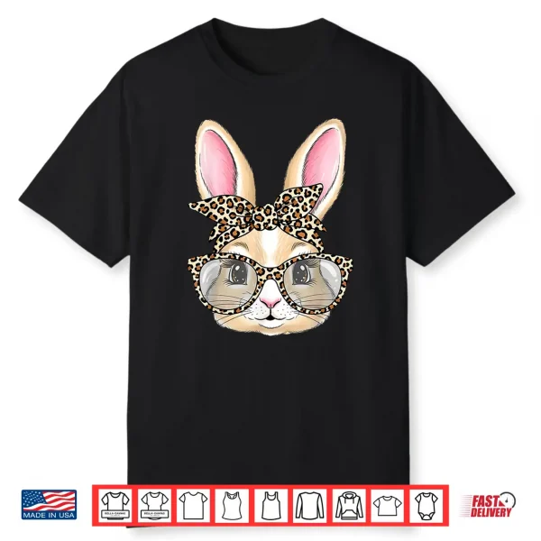 Bunny Face Glasses Bandana Leopard Rabbit Happy Easter Shirt