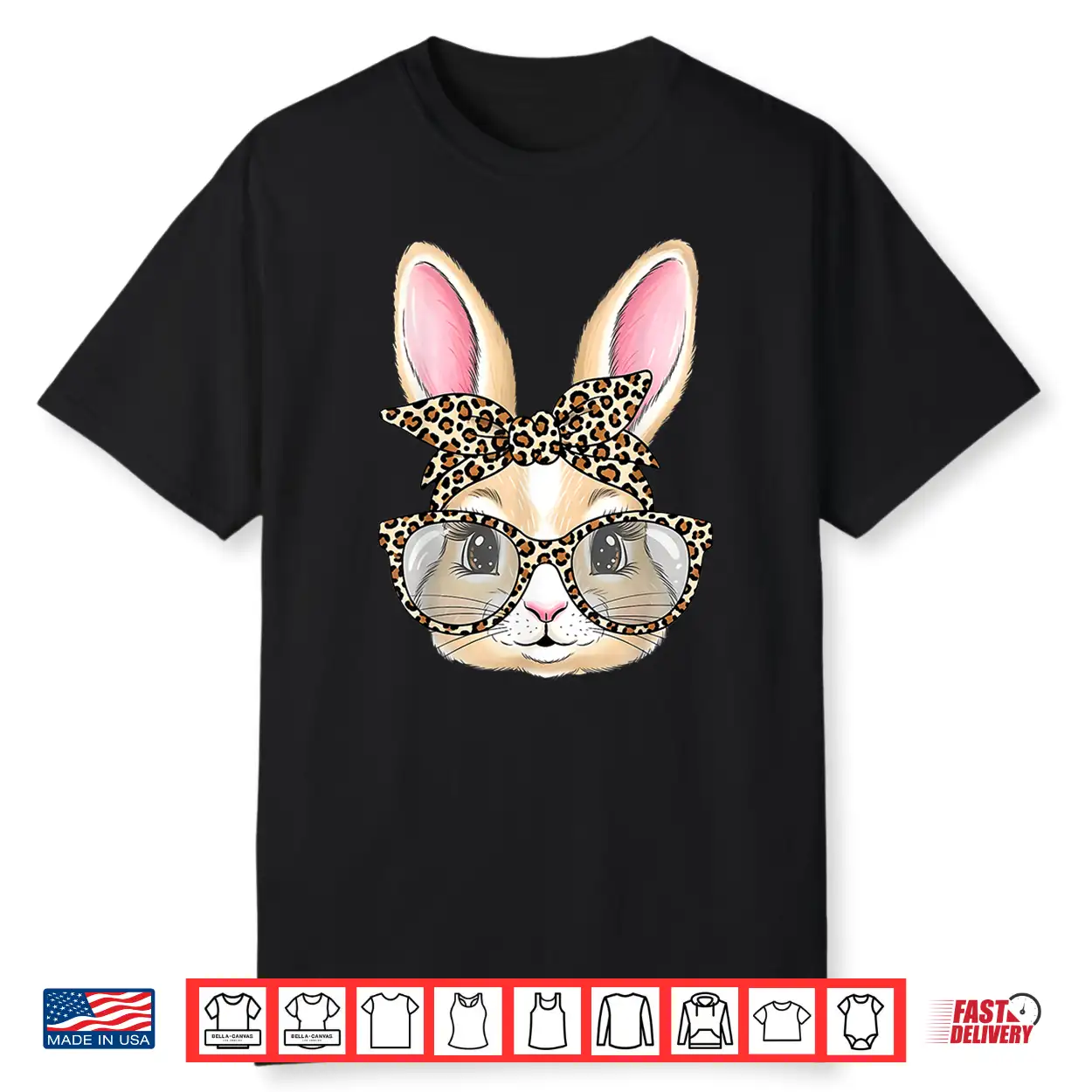 Bunny Face Glasses Bandana Leopard Rabbit Happy Easter Shirt Bunny Face Glasses Bandana Leopard Rabbit Happy Easter Shirt