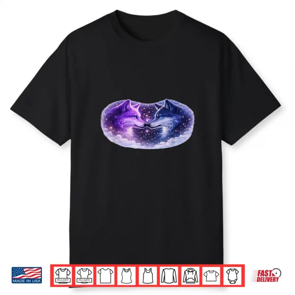 Celestial Purple Blue Wolves Cosmic Spirit Wolf Art Shirt