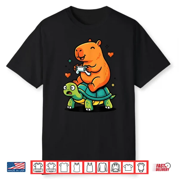 Cute Capybara Gamer Anime Turtle Funny Kids Graphic Kawaii Shirt