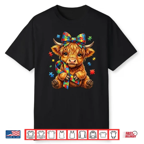 Cute Highland Cow Autism Awareness Puzzle Ribbon Graphic Shirt