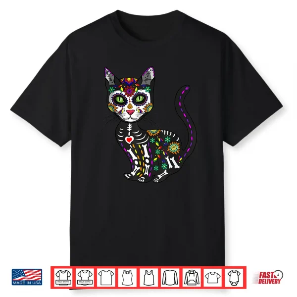 Cute Sugar Skull Mexican Cat Halloween Day Of The Dead Shirt