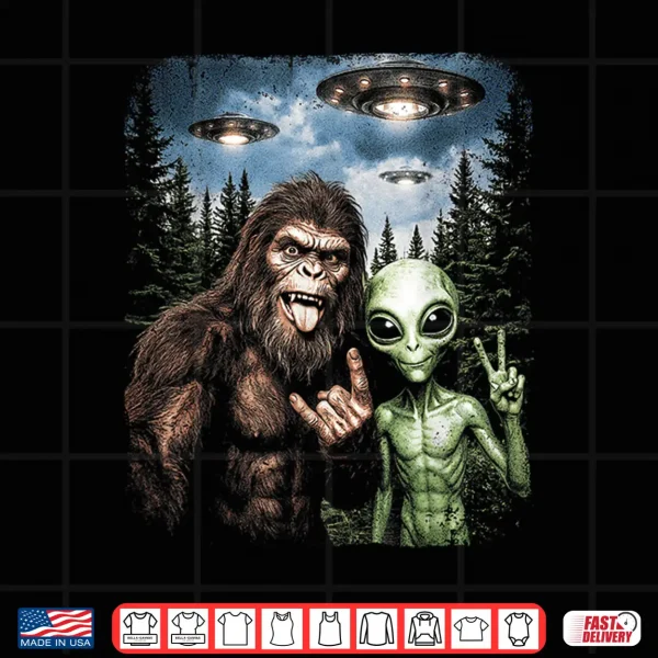 Design Bigfoot Alien Selfie Rock On Peace Sign Funny UFO Sasquatch Shirt