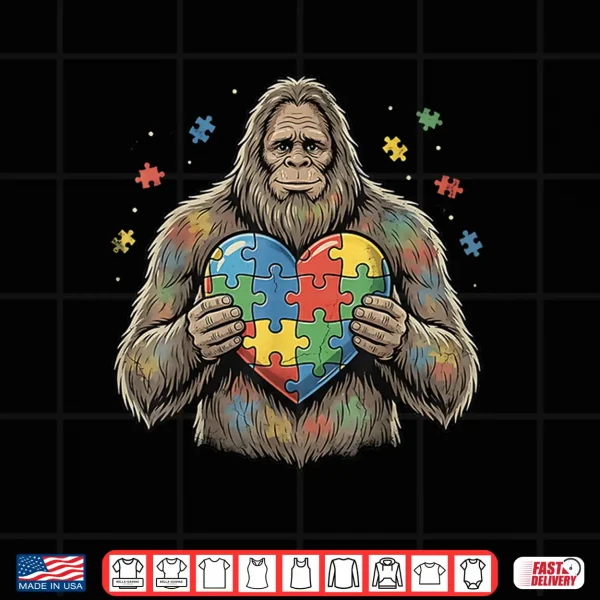 Design Bigfoot Puzzle Heart Autism Awareness Autistic Professional Shirt