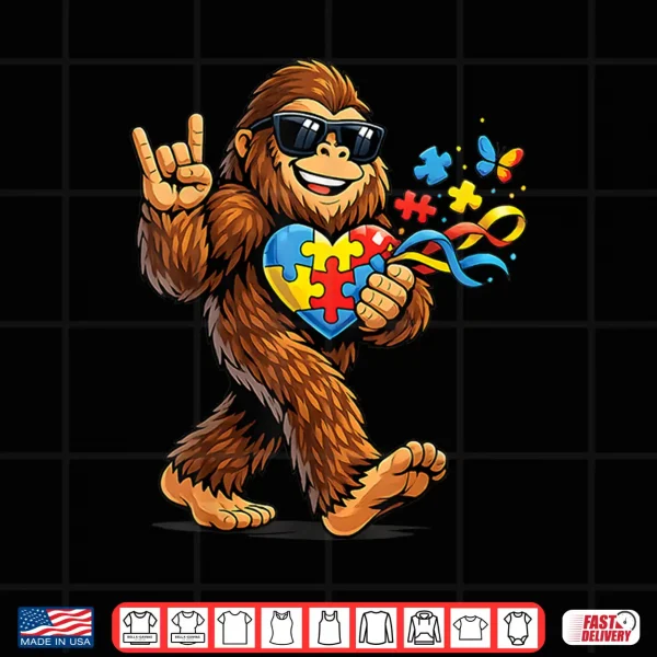 Design Bigfoot Rock Hand Autism Awareness Puzzle Heart Ribbon Shirt