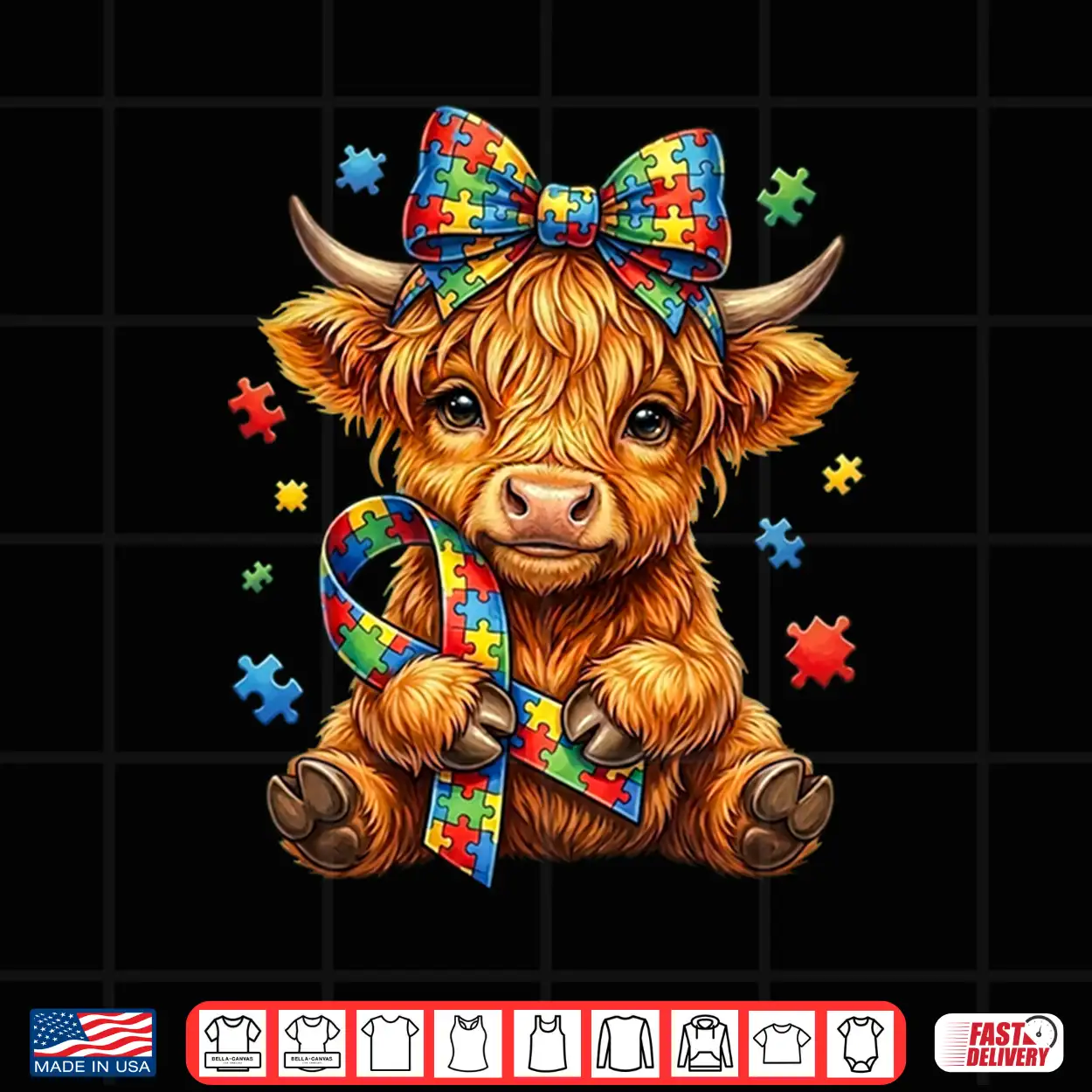 Cute Highland Cow Autism Awareness Puzzle Ribbon Graphic Shirt Cute Highland Cow Autism Awareness Puzzle Ribbon Graphic Shirt